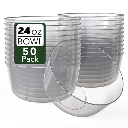 Trendables 24 oz Plastic Bowls Set of 50, clear, heavy-duty disposable bowls
