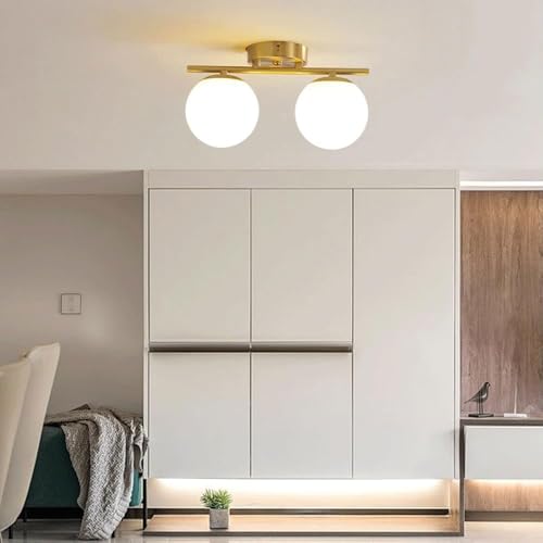 Plafonnier moderne en laiton et verre blanc chic pour salon