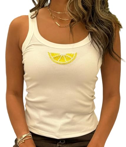 Y2k Graphic Sequin Tank Tops Women Cute Ocean Starfish Beaded Embroidered Top Summer Sleeveless Cherry Beach Crop Top