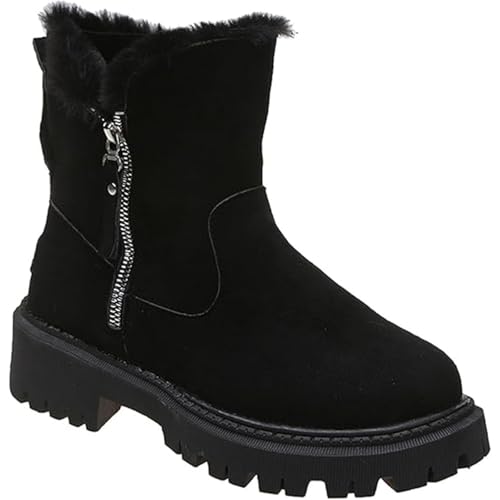 Women's Fashionable Patched Design Zipper Boots, Women Winter Shoes Plush Warm Snow Boots Ladies Casual Flat Short