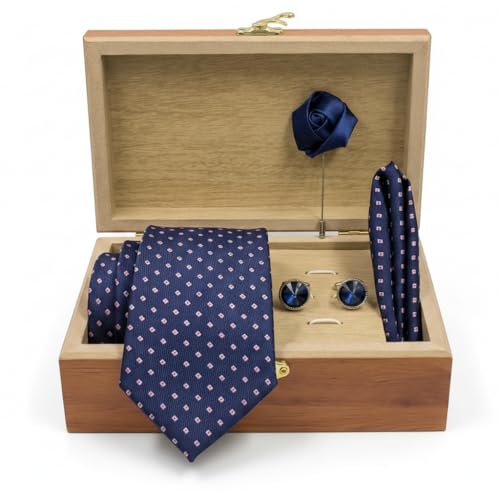 Image of Men's Necktie Gift Set with Wooden Box | Premium Tie, Pocket Square, Cufflinks & Lapel Pin | Elegant Formal Accessories Gift for Men