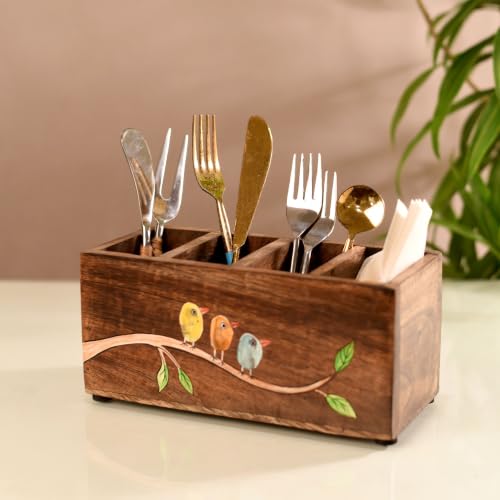 Image of Aakriti Art Creations Handcrafted Mango Wood Cutlery Rack for Kitchen & Dining Table |Wooden Cutlery Holder & Organizer |Dining Table Decoration Items | Kitchen Accessories | Indian Handicraft | Brown