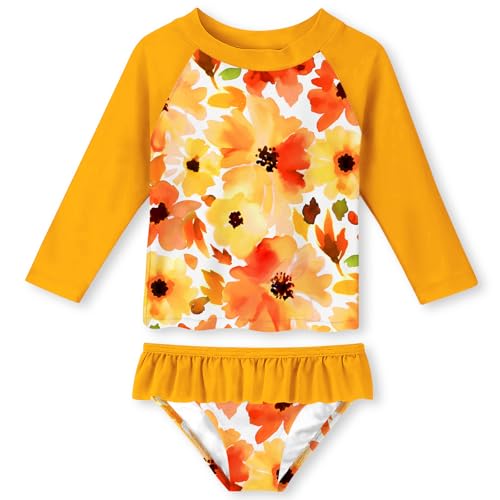 Image of Funnycokid Girls Swimsuit Toddler Bathing Suit Long Sleeve 2 Piece Rash Guard Set for Kids 2-10 Years