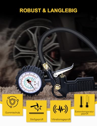 BURNNOVE Reifenfüller Digitaler Reifendruckprüfer 220PSI Multifunktional Luftdruckprüfer mit mehrere Ersatzteile Reifenfüll-Messgerät für Autos Motorräder Geländefahrzeuge und Fahrräder