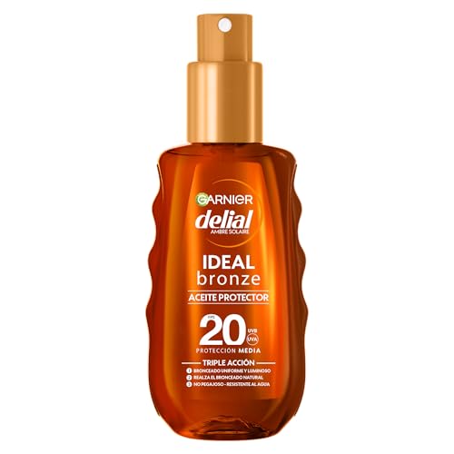 Garnier Delial Ideal Bronze Aceite Protector Bronceador en Spray. Protección Media FPS 20. Bronceado uniforme y luminoso. Realza el bronceado natural. Resistente al agua, arena y sudor. 150 ml