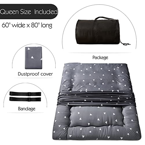 グレー 三角形 日本床 布団マット 畳 ポータブル キャンプ マットレス キッズ 寝パッド 折りたたみ式 ロールアップ フロア ラウンジャー 枕 ベッド クイーンサイズ マットレスプロテクターカバー付き