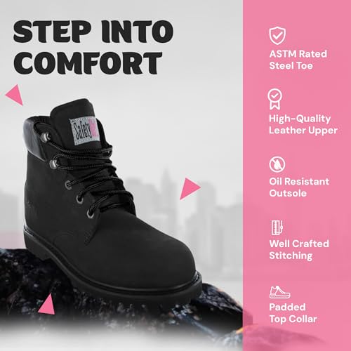 Image of Safety Girl Women's Work Boots | Water Resistant Leather Work Boots for Women | Oil & Slip-Resistant Black, Steel Toe Boots for Women | Premium Nubuck Lightweight and Comfortable | Black - 12M