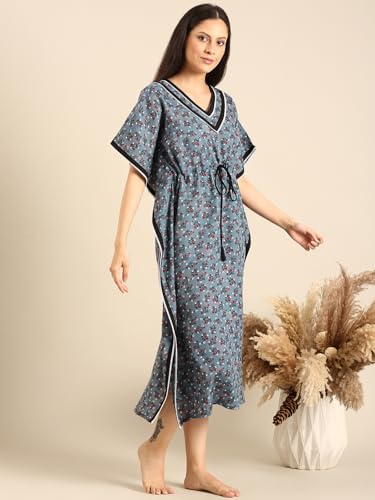 Image of Rupa Jon Aishwarya Women Full Length Printed Kaftan Nighty in Premium Cotton Blend Fabric, Night Dress, Maxi Nighty for Comfortable Everyday Wear
