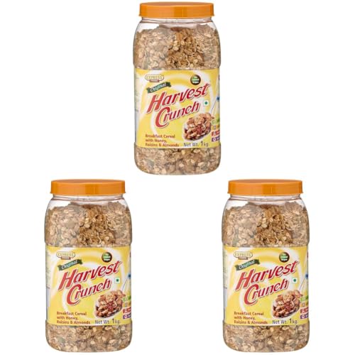 Image of Express Foods Harvest Crunch Breakfast Cereal, No Added Sugar Jar, 1kg (Pack of 3)