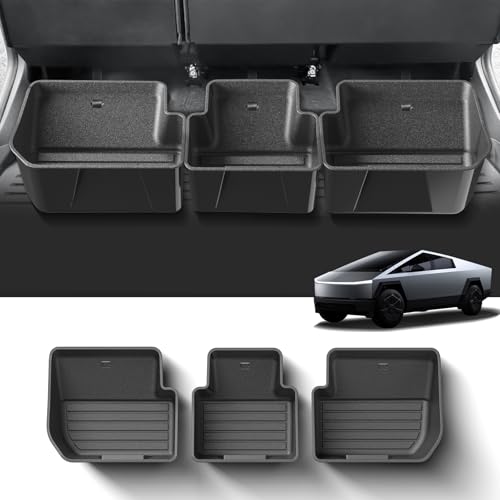 LUCKEASY 2nd Row Under Seat Storage Box For Tesla Cybertruck Organizer Hidden Tray 3pcs/Set With Velcro For Cybertruck Accessories Waterproof Movable ABS Black
