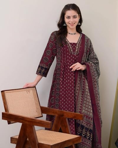 Image of ANNI Designer Women's Pure Cotton Anarkali Kurta Set for Women with Dupatta & Plazzo - Hand Block Print Suit Set | Stylish Dress | Cotton Kurta Set for Women