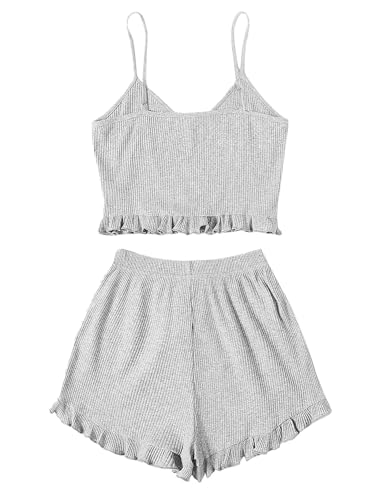 Image of Avanova Women Sexy 2 Piece Pajama Set Ruffle Trim Cami Top and Shorts Sleepwear Set