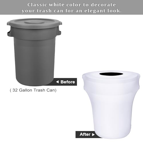 Image of BSTKEY 6 Pack 32 Gallon Stretch Spandex Trash Can Cover, Outdoor Waste Container Bin Cover, Round Garbage Can Covers for Kitchen Wedding Party Commercial Fundraiser Decor, Without Trash Can (White)