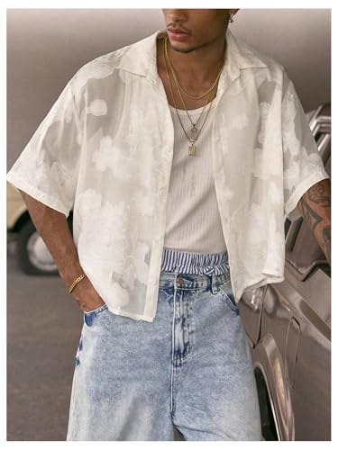 Men's Floral Button Down Shirts Y2k Sheer Mesh Half Sleeve Cropped Shirt Collar Loose Casual Boho Tops3