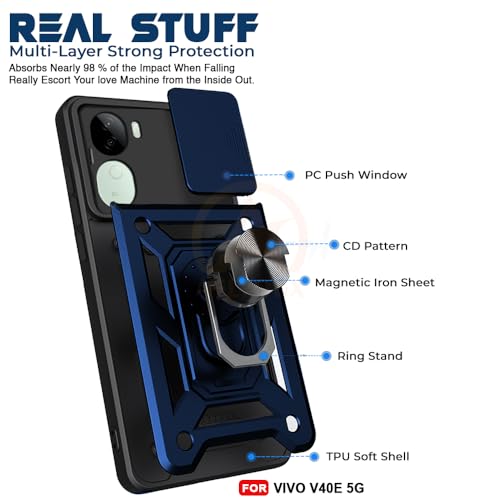 Image of Armor Bumper Back Cover Case for Vivo V40E 5G / iQOO Z9S 5G | Rotating Camera Cover, Ring Holder & Kickstand | Heavy Duty & 360 Degree Protection Vivo V40E 5G / iQOO Z9S 5G Back Cover (Blue)