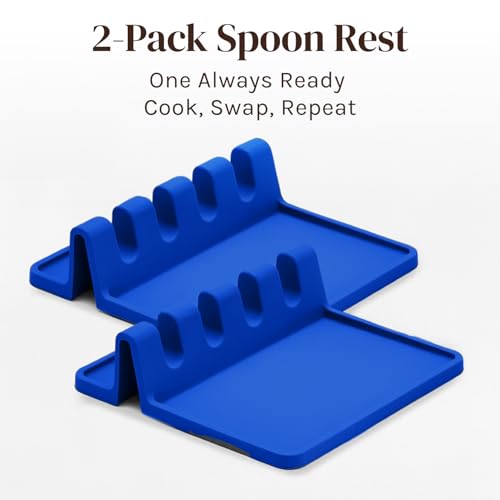 Image of Cooler Kitchen Blue Silicone Spoon Rest for Stove Top with Drip Pad (Two Pack) - Heat Resistant BPA Free Utensil Rest & Spoon Holder for Kitchen Counter - Grill Utensil Holder - Spatula Holder
