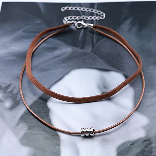 Boho Layered Suede Choker Necklace - Brown Velvet Gothic Leather Silver Beaded Chain Retro Jewelry for Women3