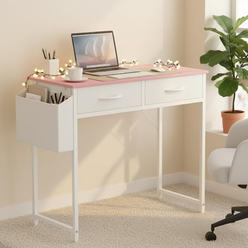 Ufurniture Computer Desk, Small Home Office Desk with 2 Fabric Drawer & Side Pockets, Vanity Desk with Hooks, Modern Simple Style for Bedroom Living Room Workstation, Pink
