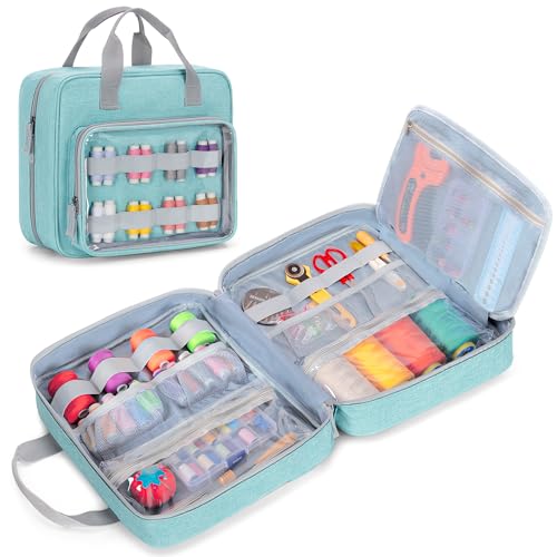 Image of LUXJA Sewing Storage Organizer with Folio Open Design, Sewing Organizer Bag with Versatile Pockets for Sewing Kits, Blue