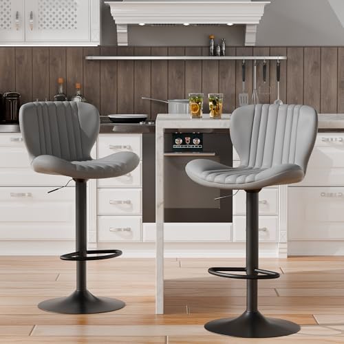 Image of Shintenchi Bar Stools Set of 2 Modern Swivel Bar Chairs, Counter Height Faux Leather Metal Barstools, Upholstered Island Chairs with Back and Footrest, Gray