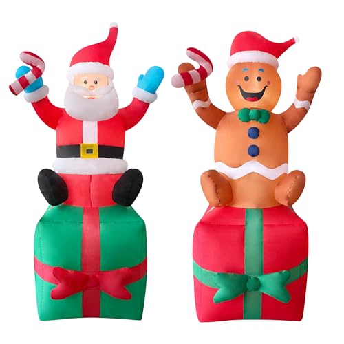 EEkiiqi 2 Packs 6FT Inflatable Christmas Santa Claus on Gift Box and Gingerbread Man Blow Up Decor for Christmas Outdoor/Doorway/Lawn Decor/Yard Party Decoration