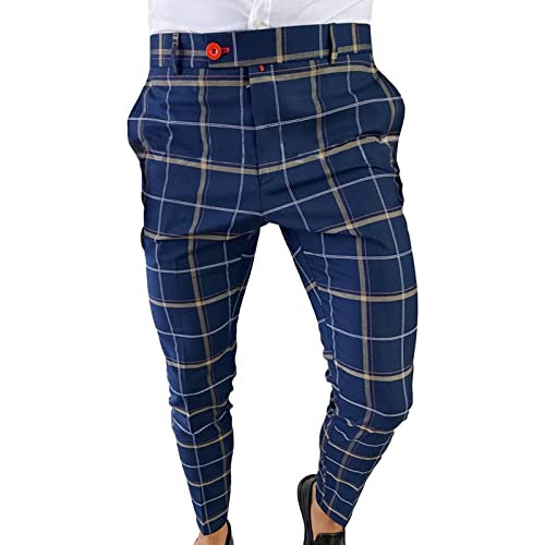 Maiyifu-GJ Men's Casual Plaid Chino Pants Skinny Fit Plaid Flat Front Dress Pants Slim Stretch Business Striped Trousers