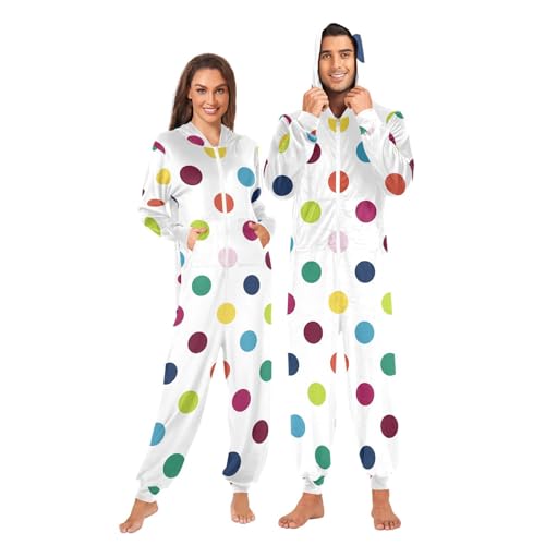 Polka Dot Colored Onesie Adult One Piece Pajamas for Zipper Hooded with Pockets S-XL3