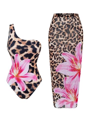 Milumia Women's Floral Leopard Print One Shoulder One Piece Swimsuit Set with Long Beach Skirt
