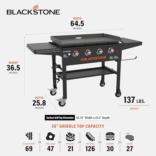 Blackstone 36" Grill & Gas Griddle with Dual Side Shelves & Powder Coated Steel, Black - Portable Outdoor Cooking Equipment and Station for BBQ, Frying, and Grilling