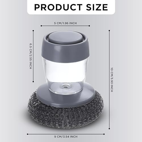 Image of Stainless Steel Scrubber with Soap Dispensing Handle, Heavy Duty Pot Scrubber, Palm Brush with Replaceable Steel Wool Scouring Pad Used for Dishes, Pots, Pans, Grills, Sink, Gray