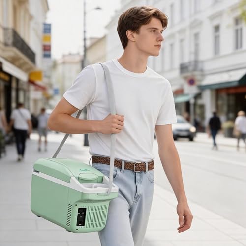 Image of Iceblue Electric Cooler with Type-C, 8 Liter /11 Cans Mini Fridge with Belt, 9V Type-C Thermoelectric Dual-use Car Refrigerator, Car Fridge for Car, Dorm, Travel, Picnic, Gift (Green)