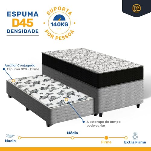 Cama Box Solteiro + Colchão de Espuma D45 Ortobom Airtech 150 + Auxiliar de Espuma Unique