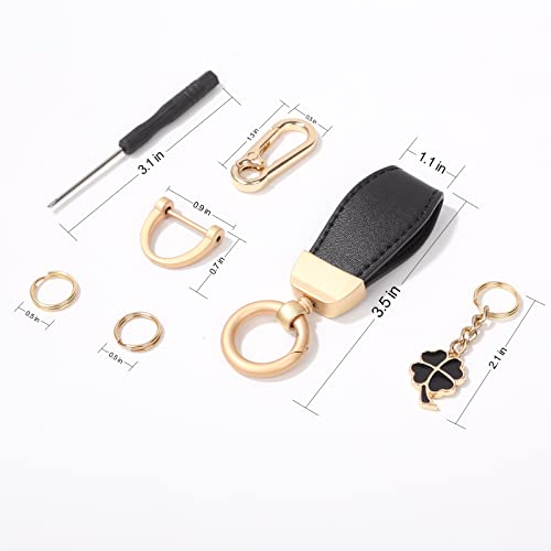 Holeofun Car Leather Keychain,Universal Key Chains For Men,Women, Anti-Lost D-Ring, Keyrings,Four-Leaf Clover,1 Hook (B Style-Black) #TOP5