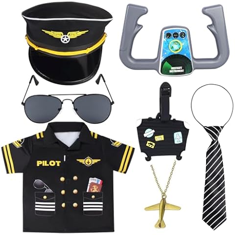 Kyson 7 Pcs Kids Pilot Costume Airline Captain Aviation Costume Dress up Accessories for Halloween Career Day Pretend Play (Set B) Cover