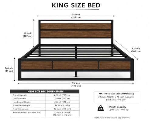 Image of King Size Metal Bed Frame with Wood Finish Headboard & Footboard | Heavy Duty Steel Platform Bed | Black Powder Coated Frame | Noise Free | No Box Spring Required | Easy Assembly