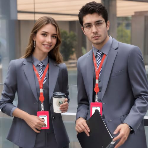 Image of Conisy ID Badge Holder with Retractable Lanyard, Vertical PU Leather ID Badge Card Holder with 2 Card Slots for Women Men (ID Badge Holder Red)