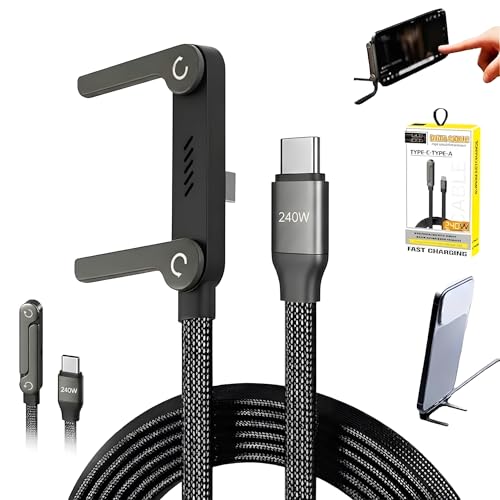 2-en-1 Câble de Charge avec Support, 240W Câble USB-C pour Téléphone avec Support Invisible, 1,5m Câble de Charge Rapide Type-C Tressé, Station de Charge USB-C pour Smartphone Tablette Ordinateur Port