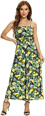 Women's Summer Hawaiian Floral Long Maxi Dress with Strap Casual Bohemian Beach Party Lemon Black Tag M