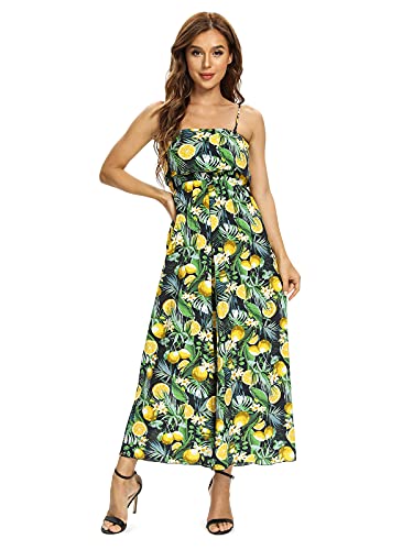 Women's Summer Hawaiian Floral Long Maxi Dress With Strap Casual Bohemian Beach Party Lemon Black Tag M #TOP19