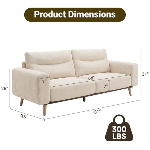Image of Claiks 81 inch Mid-Century Oversized Loveseat, Corduroy 2-3 Seater Couch, Beige