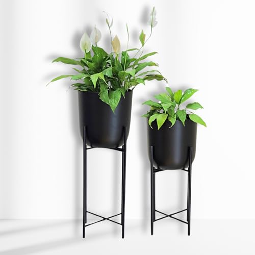 Image of Black Planters with Stand (Set of 2) Indoor Pots for Living Room Bedroom Balcony Home and Office (Solid Black)