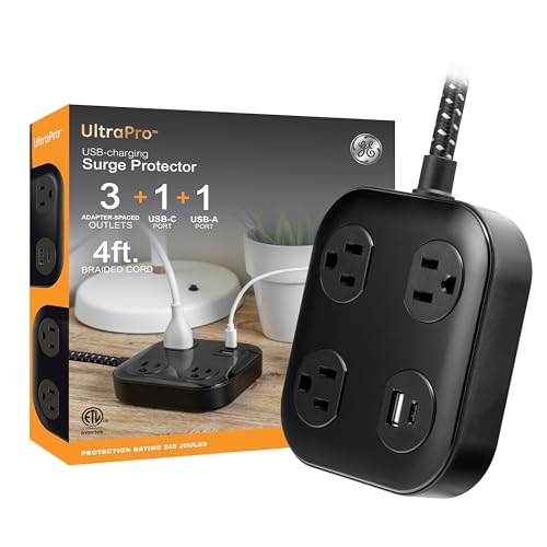 GE UltraPro 3-Outlet Surge Protector with 4ft Braided Cord, Power Strip, Extension Cord, Flat Plug, 1 USB-A & 1 USB-C Port, 245 Joules, for Home School & Office, Charging Station, Black – 82592
