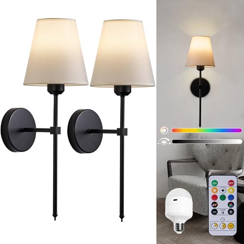 Image of Battery Operated Wall Sconces Set of 2-70H Rechargeable Detachable Bulbs with Stepless Dimming Remote, Wireless Wall Lamps Sconces for Hallway Living Room Bedroom Decor (Black 2-Pack)
