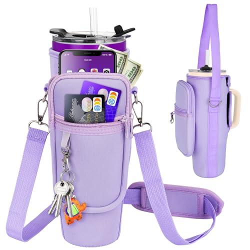Water Bottle Carrier Bag with Phone Pocket Compatible with Stanley/Meoky 40 oz Tumbler with Handle,Water Bottle Holder Pouch with Adjustable Strap Compatible with Stanley Cup Accessories,Purple