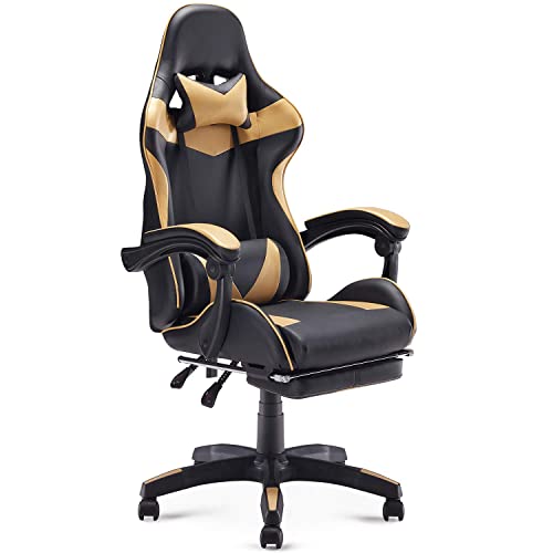 Image of Tegan Gaming Chair Office Adjustable Seat Height High Back PU Leather Ergonomic Chair E-Sports with Lumbar Support Retractable Foot Rest (Black and Golden) Gaming Chair with Lumber Massager