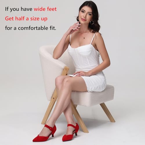 Image of RIBONGZ Comfortable Kitten Heels for Women Pointed Closed Toe Ankle Strap Buckle Heels Slip on Low Heel Church Pumps Wedding Bridal Party Dressy Shoes