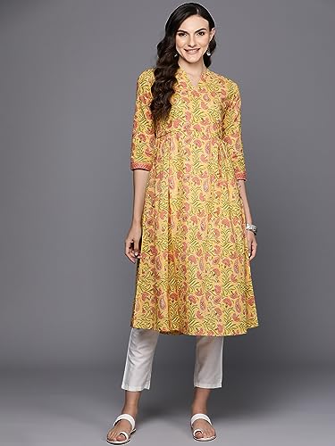 Image of INDO ERA Women's Cotton Regular Fit Floral Printed A-Line Kurta (23ERE3876)