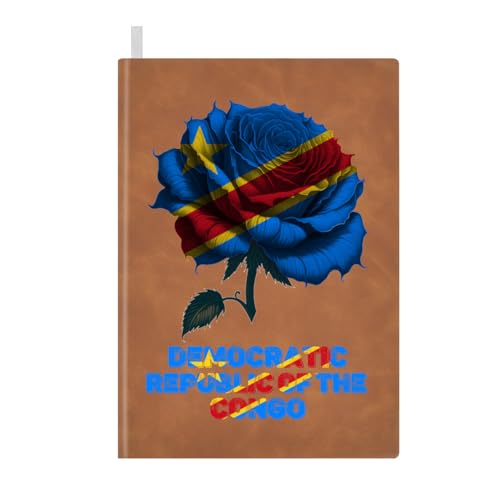 Leather Notebook for Men Women Vintage Democratic Republic of the Congo Flag Rose Flower Notepad Lined 100 Pages A5 Ruled Sketchbook Journal for Drawing Writing Note Taking Travel Diary for Business