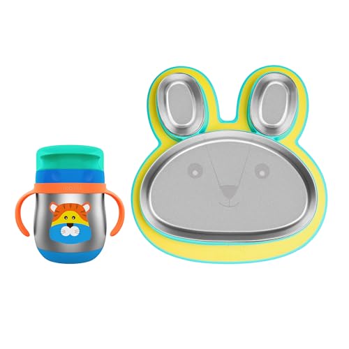 Image of rabitat Happy Tummy Combo Stainless Steel 360 Training Cup Big Cat 390ml and Hoppy Playte Yellow 430ml 3-Sectional Plate for Toddlers & Kids |2 Year Brand Warranty
