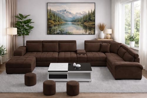 Opulence U Shape Sofa Set for Living Room 12 Seater |(Brown) Premium Velvet Fabric Sectional Sofa Couch with 3 Puffy & Ottoman | Large Modular U-Shaped Sofa Set